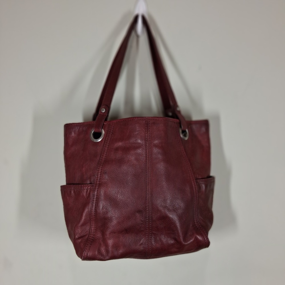 Fossil Burgundy Leather Tote Bag Silver Grommet Shoulder Bag Maroon Satchel